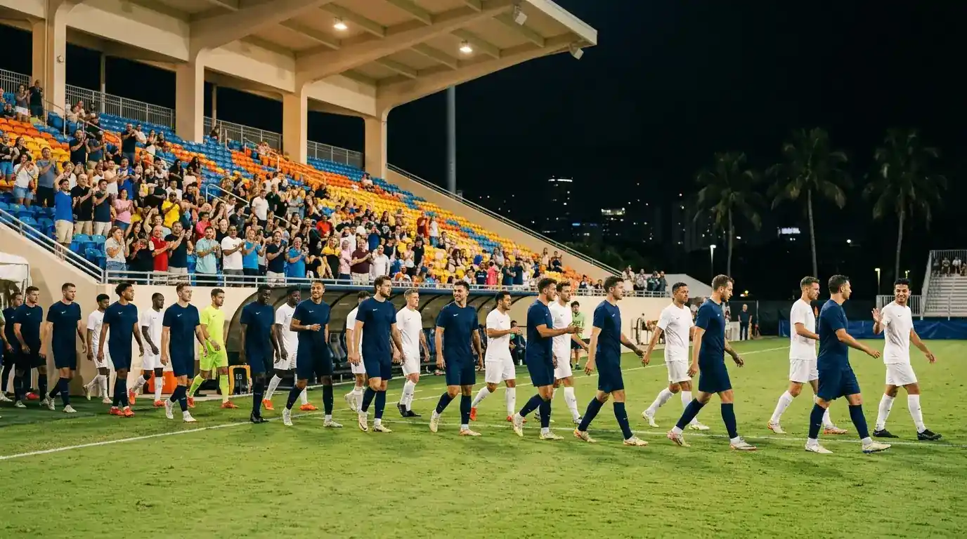 Symbolbild zweier Mannschaften beim Einlaufen in ein warmes, flutlichtbeleuchtetes Stadion in Miami, Palmen im Hintergrund