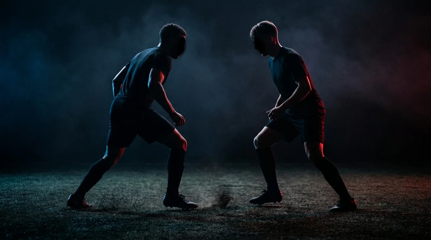 Editorial-Symbolbild zweier anonymer Fußballer-Silhouetten als Sinnbild eines Spitzenduells