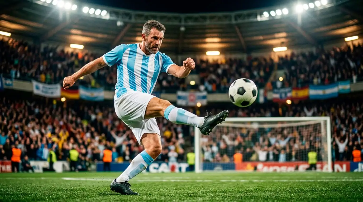 Stürmer schießt aufs Tor in einem voll besetzten WM-2026-Stadion bei Flutlicht