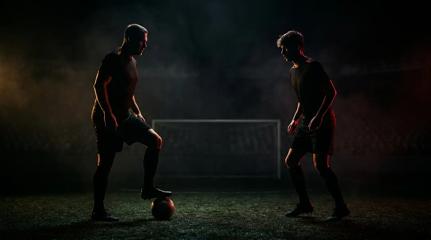Symbolbild Generationenduell zweier Fußballstars, Silhouetten auf dunklem Hintergrund
