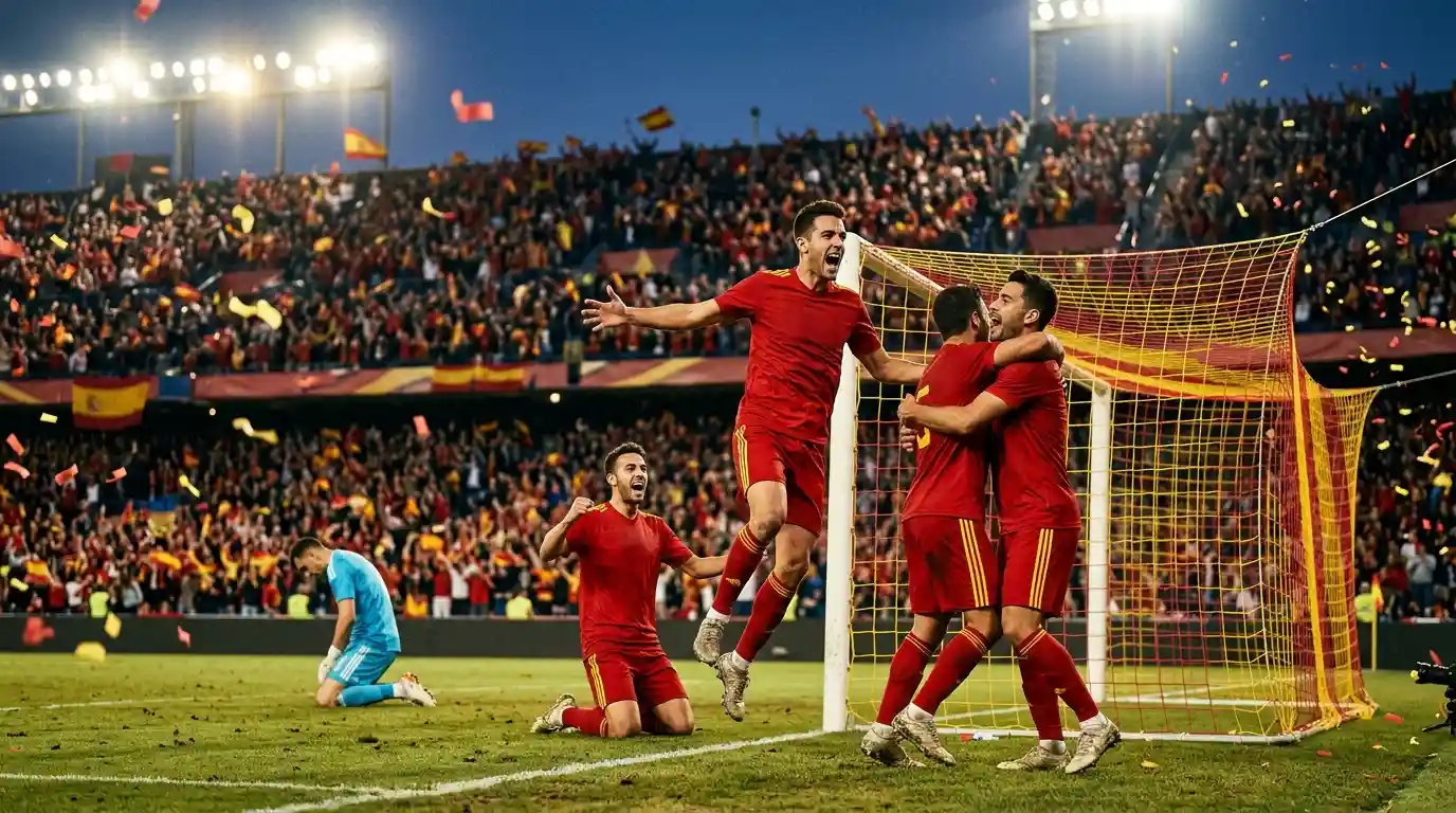 Spanische Spieler jubeln nach dem Finaltor gegen Argentinien im MetLife Stadium
