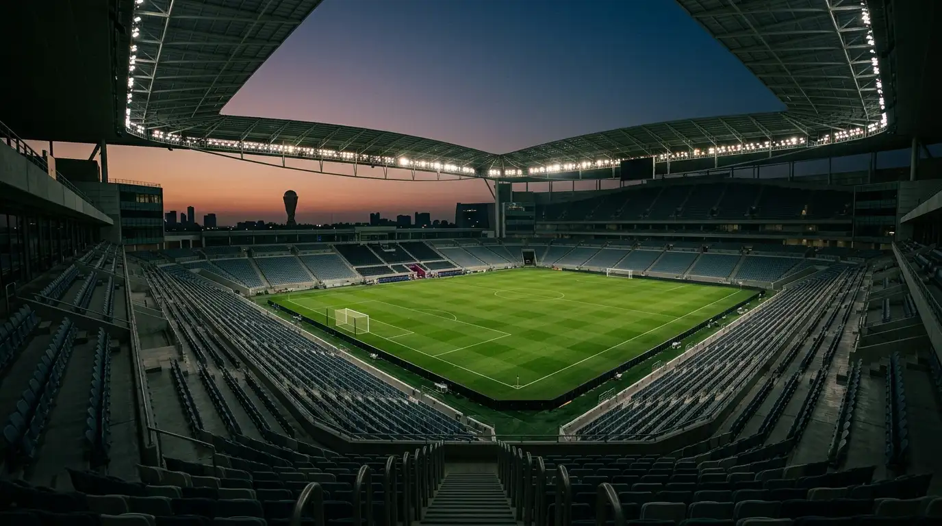 Symbolbild eines leeren, flutlichtbeleuchteten Fußballstadions in der Dämmerung, WM-Pokal am Horizont
