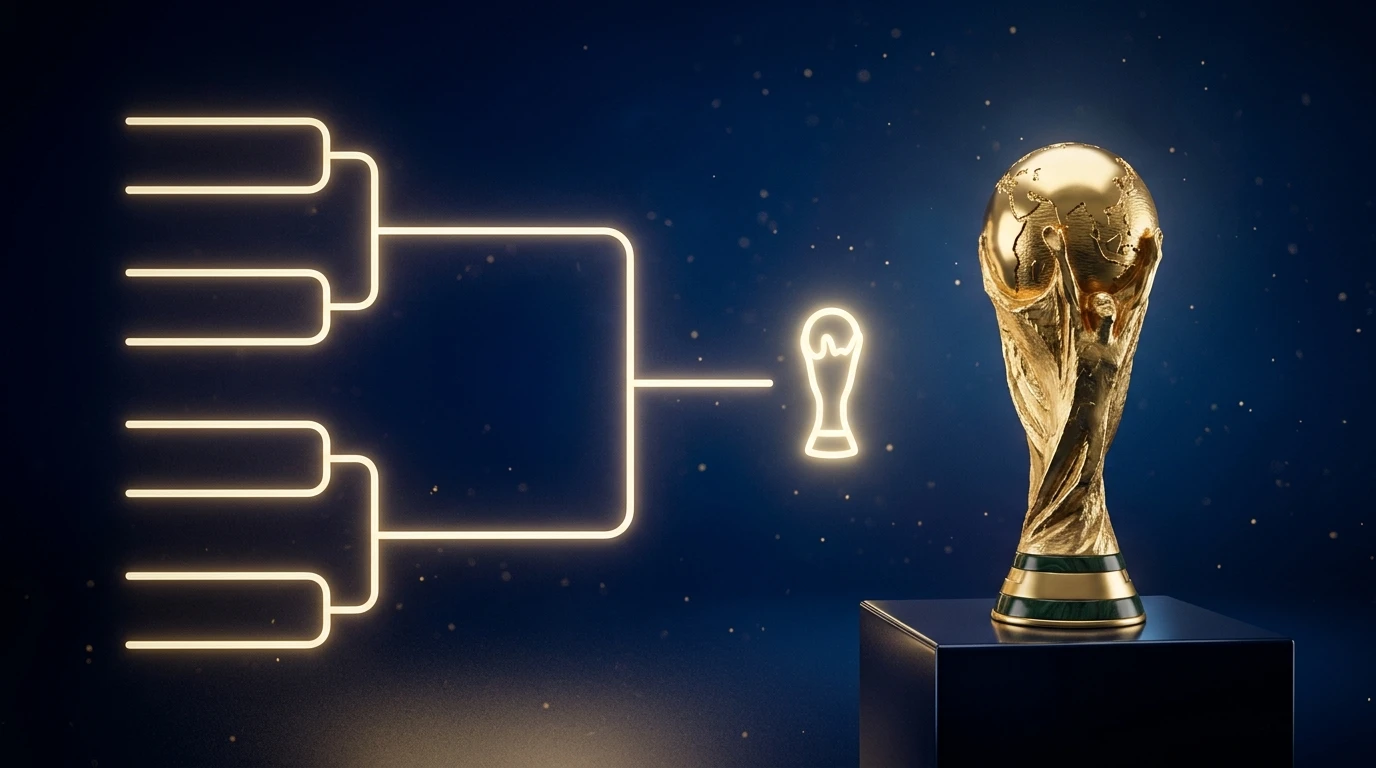 Grafische Turnierbaum-Symbolik mit WM-Pokal als Sinnbild für das Halbfinale der WM 2026