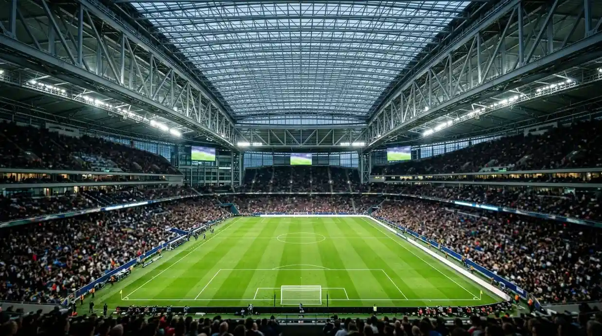 Symbolbild eines modernen überdachten WM-Stadions mit geschlossenem Dach bei Flutlicht