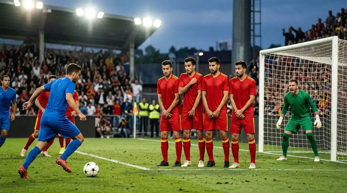 Spanische Hintermannschaft blockt einen Schuss im Strafraum vor dem eigenen Torwart