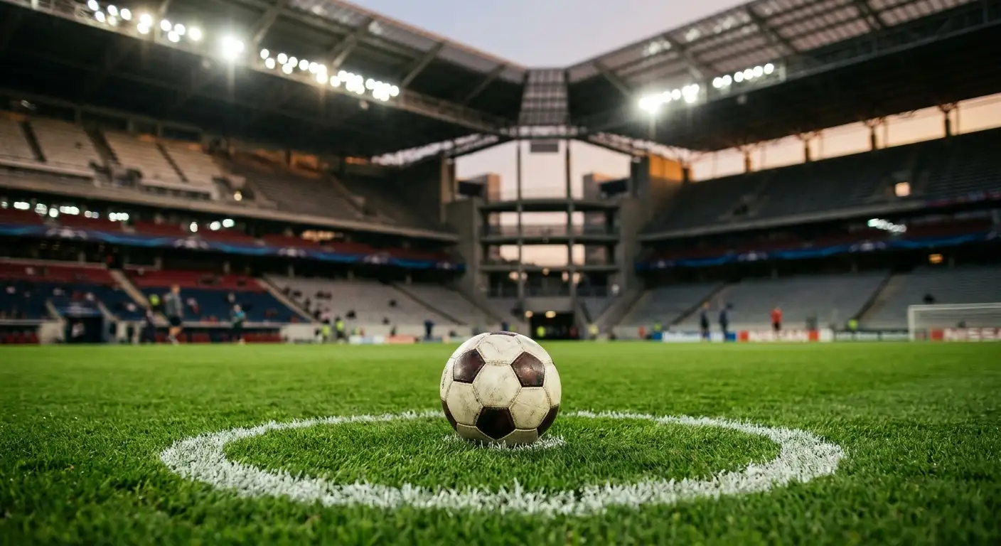Fußball auf dem Anstoßpunkt eines WM-2026-Stadions vor den Sechzehntelfinale-Spielen
