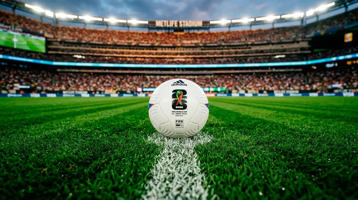 Fußball auf dem Anstoßpunkt eines WM-2026-Stadions vor dem Spieltag