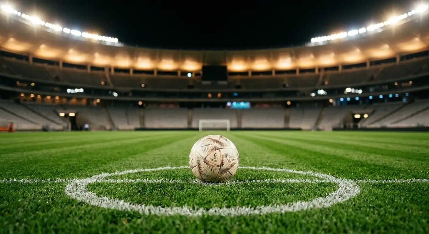 Fußball auf dem Anstoßpunkt eines WM-2026-Stadions vor den Sechzehntelfinale-Spielen