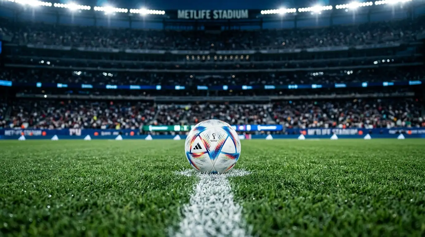 Zwei WM-2026-Achtelfinale an einem Abend – Stadionrasen mit Spielball im Flutlicht