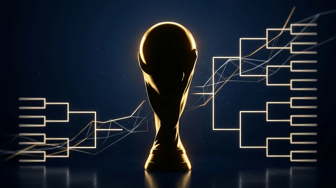 WM-Pokal-Motiv und Turnierbaum-Symbolik als Sinnbild für das Titelrennen der WM 2026