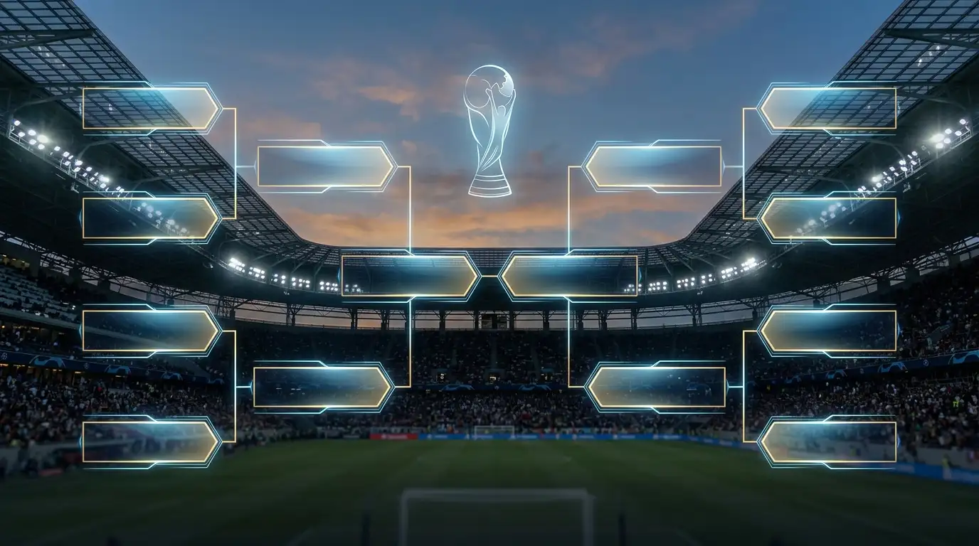 Symbolbild WM-2026-Viertelfinale mit Turnierbaum-Motiv und Stadion