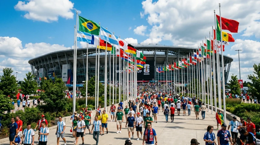 Bunte Nationalflaggen der WM-2026-Teilnehmer wehen vor einem Fußballstadion bei Tageslicht