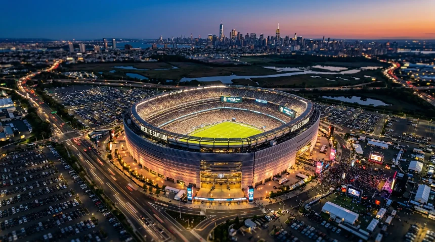 Luftaufnahme des MetLife Stadium in New Jersey bei Abendbeleuchtung als Finalstadion der WM 2026