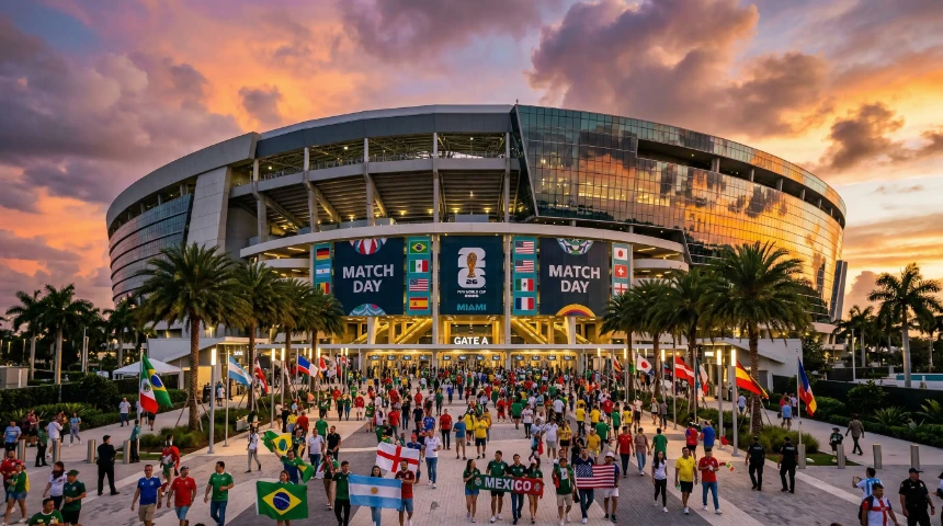 Panoramablick auf ein modernes Fußballstadion in den USA bei Sonnenuntergang, bereit für die WM 2026